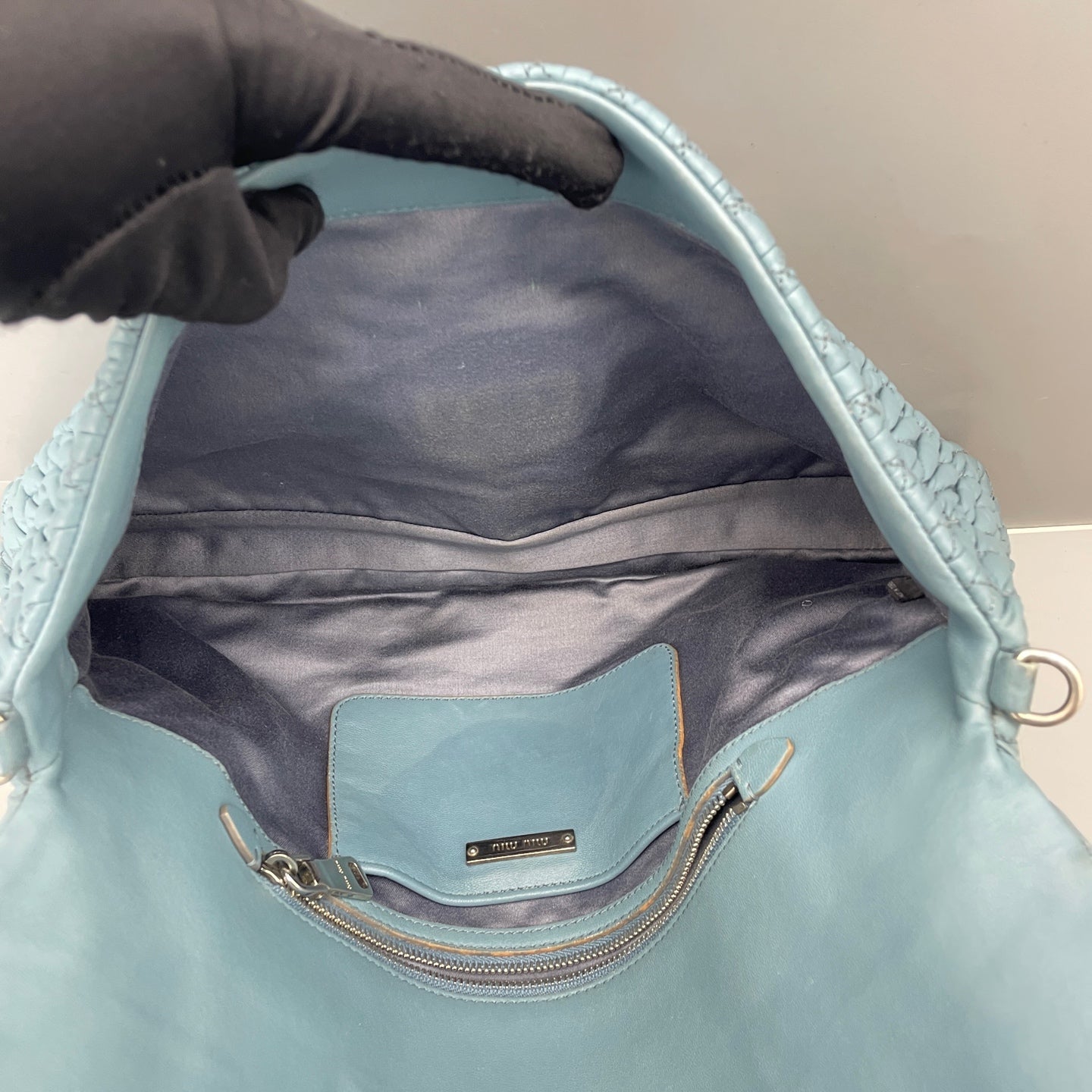 Miu Miu - Matelassé Gemstone Chain Pleated Bag - Leather - Blue - (medium)