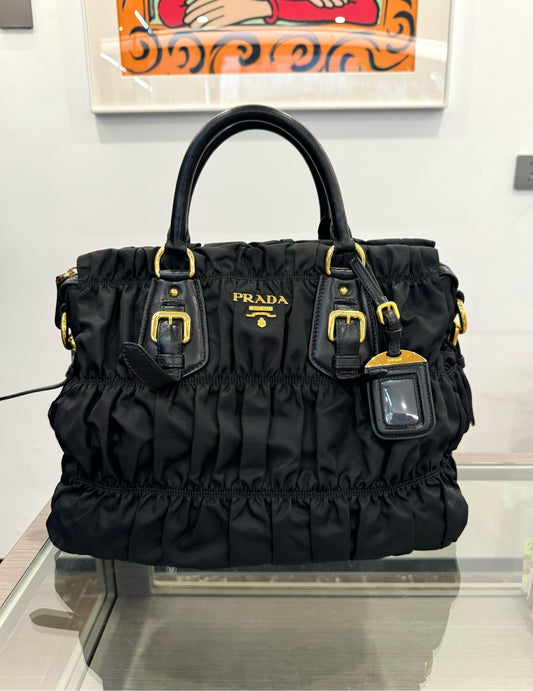 Prada - Parachute Ruched Tote Bag - Polyamide with leather trim - Black - (medium)