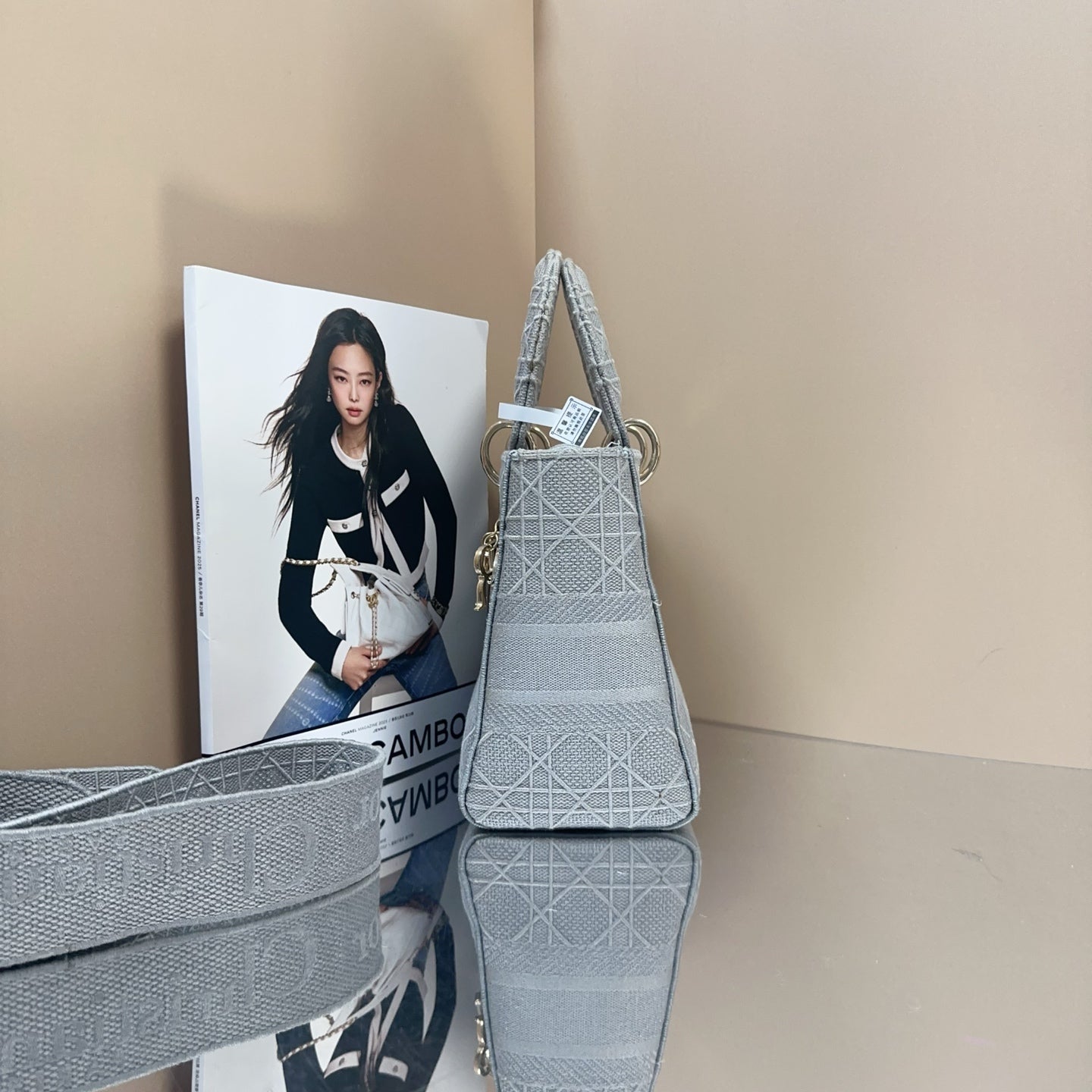 Dior - Lady Dior (Five-Grid Embroidered Series) - Cloth - Grey - (small)