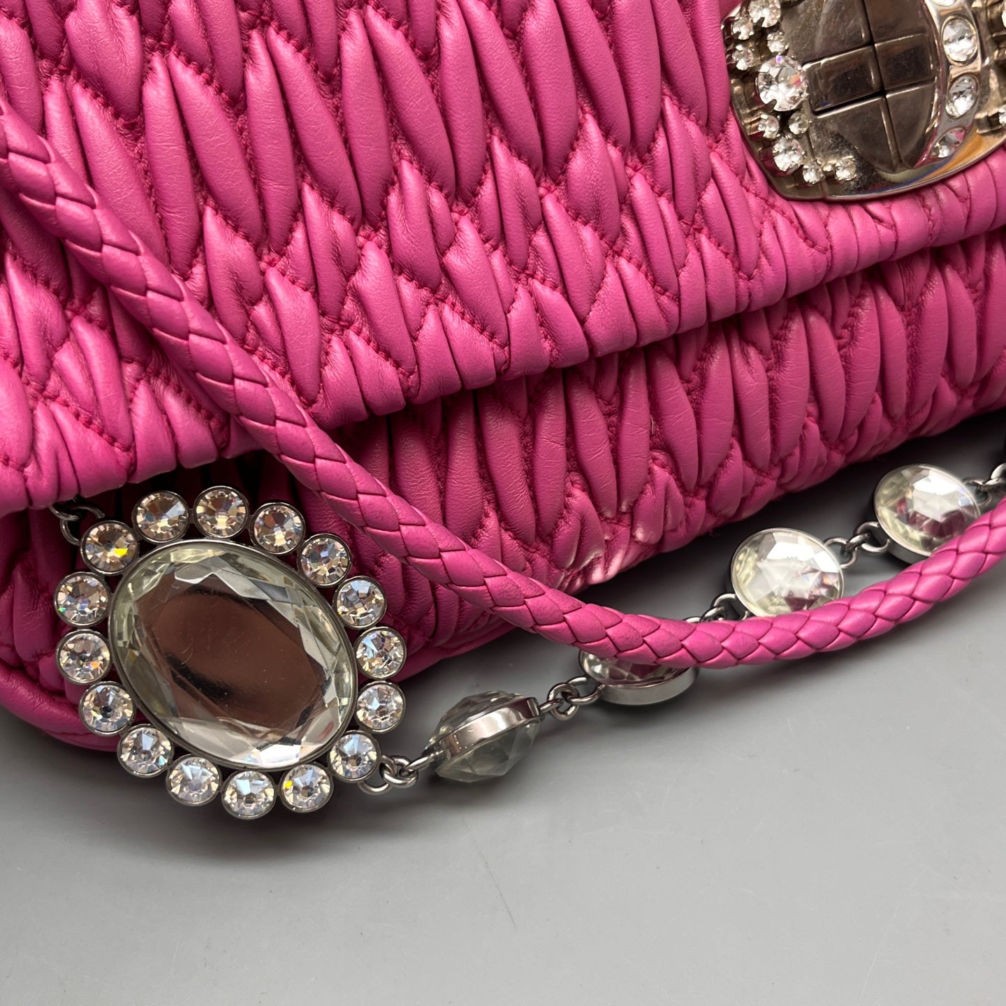 Miu Miu - Ruched Gemstone Chain Flap Shoulder Bag - Leather - Pink - (Medium)
