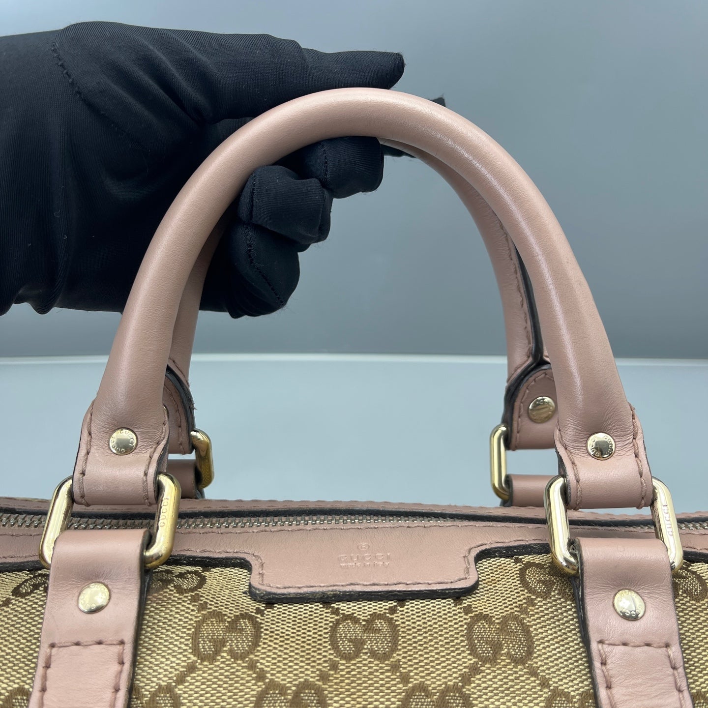 Gucci - Boston Bag - GG Monogram Canvas with Leather Trim - Beige and Pink with Brown Accents - (medium)