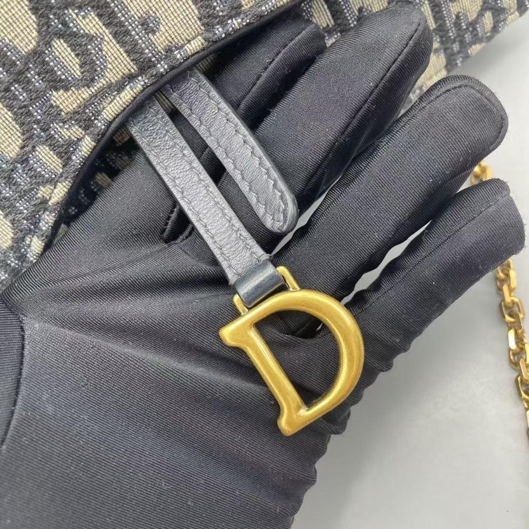 Dior - Saddle Wallet on Chain (WOC) - Oblique jacquard canvas with leather trim - Blue - (small)