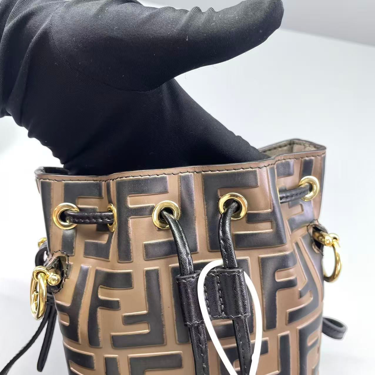 Fendi - Mini Bucket Bag - Embossed FF leather with smooth leather trim - Brown - (mini)