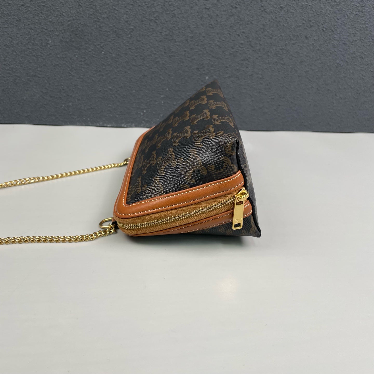 Celine - Triomphe Monogram Shell Chain Bag - Triomphe coated canvas with tan leather trim - Brown - (mini)