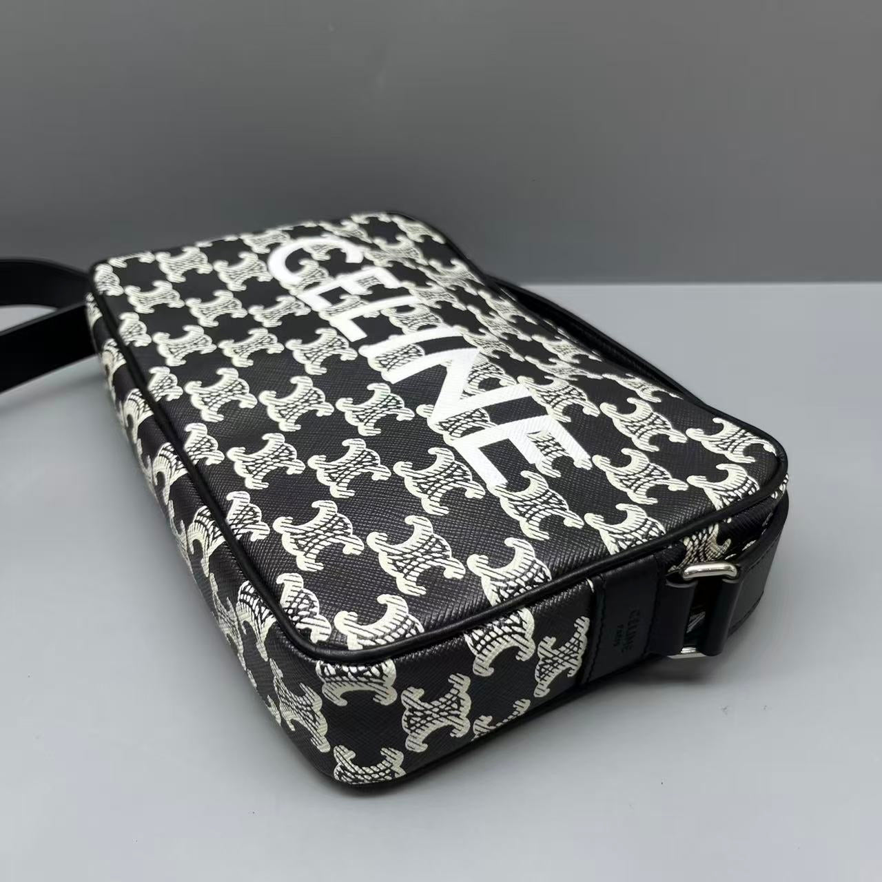 Celine - Triomphe Canvas Camera Bag - Coated canvas with leather trim - Black and White - (medium)