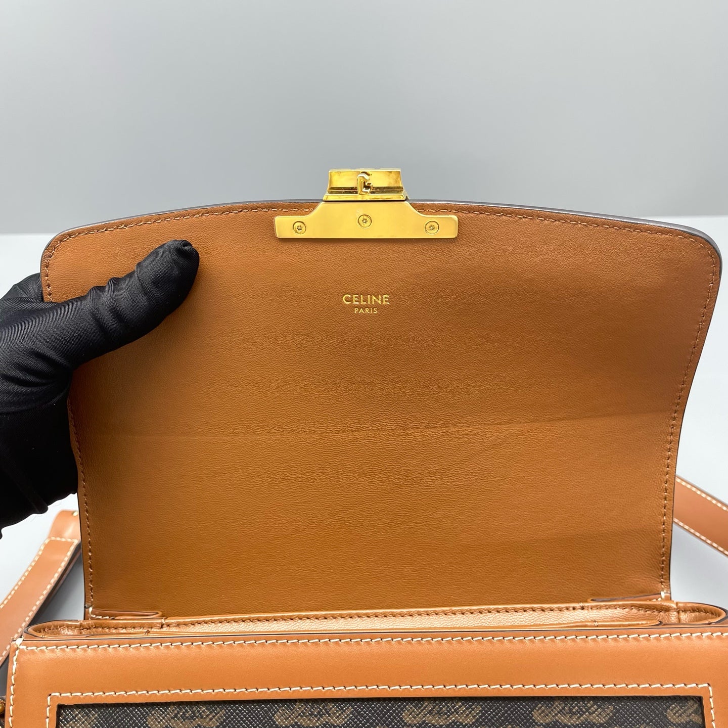 Celine - Teen Triomphe Box Bag - Triomphe Canvas and Leather - Brown with Camel accents - (small)
