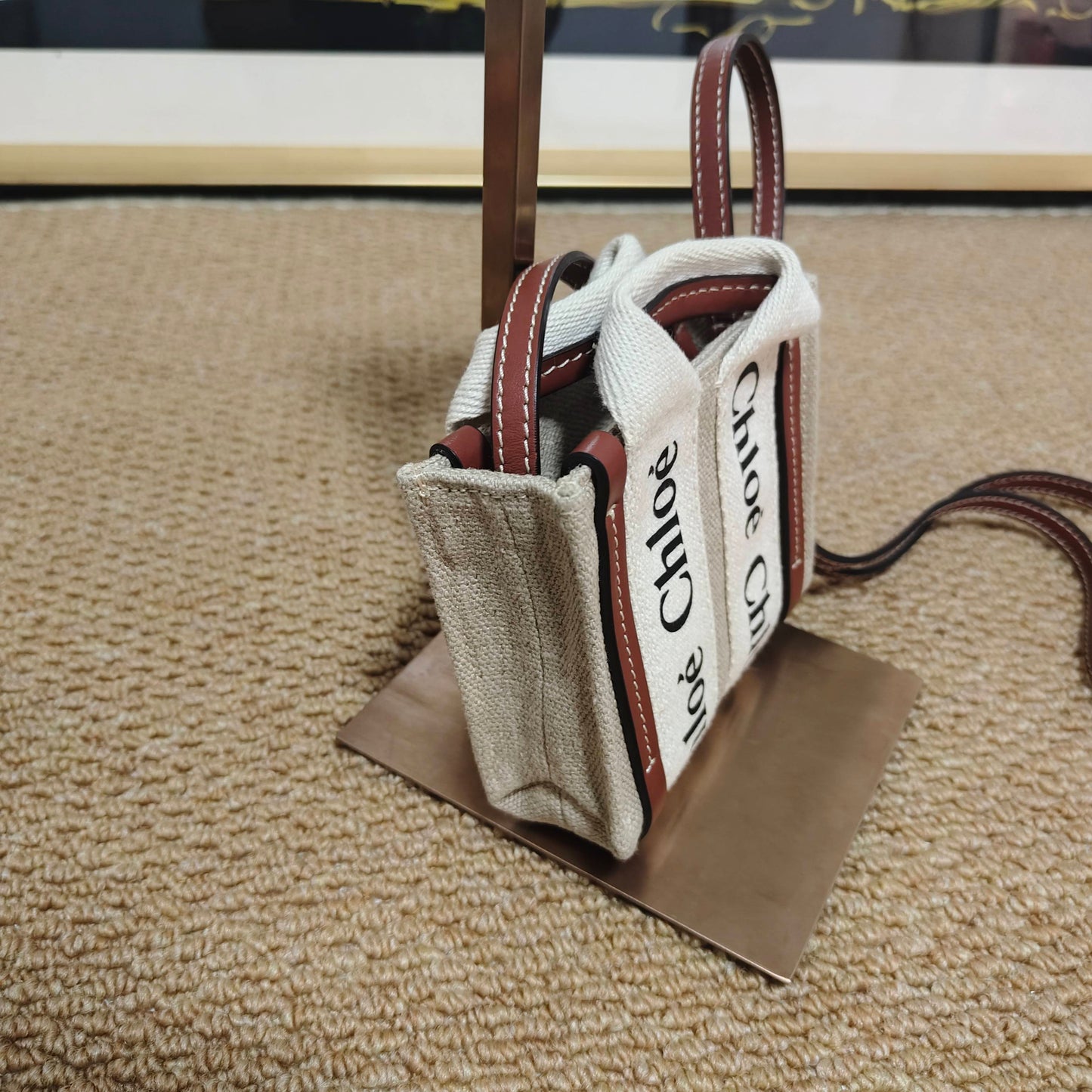 Chloé - Woody Mini Tote Bag - Canvas with leather trim - Beige and Brown - (Mini)