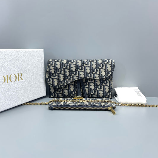 Christian Dior - Saddle Wallet on Chain (WOC) - Dior Oblique jacquard canvas with leather trim - Navy and Beige with Gold-Tone Hardware - (mini)