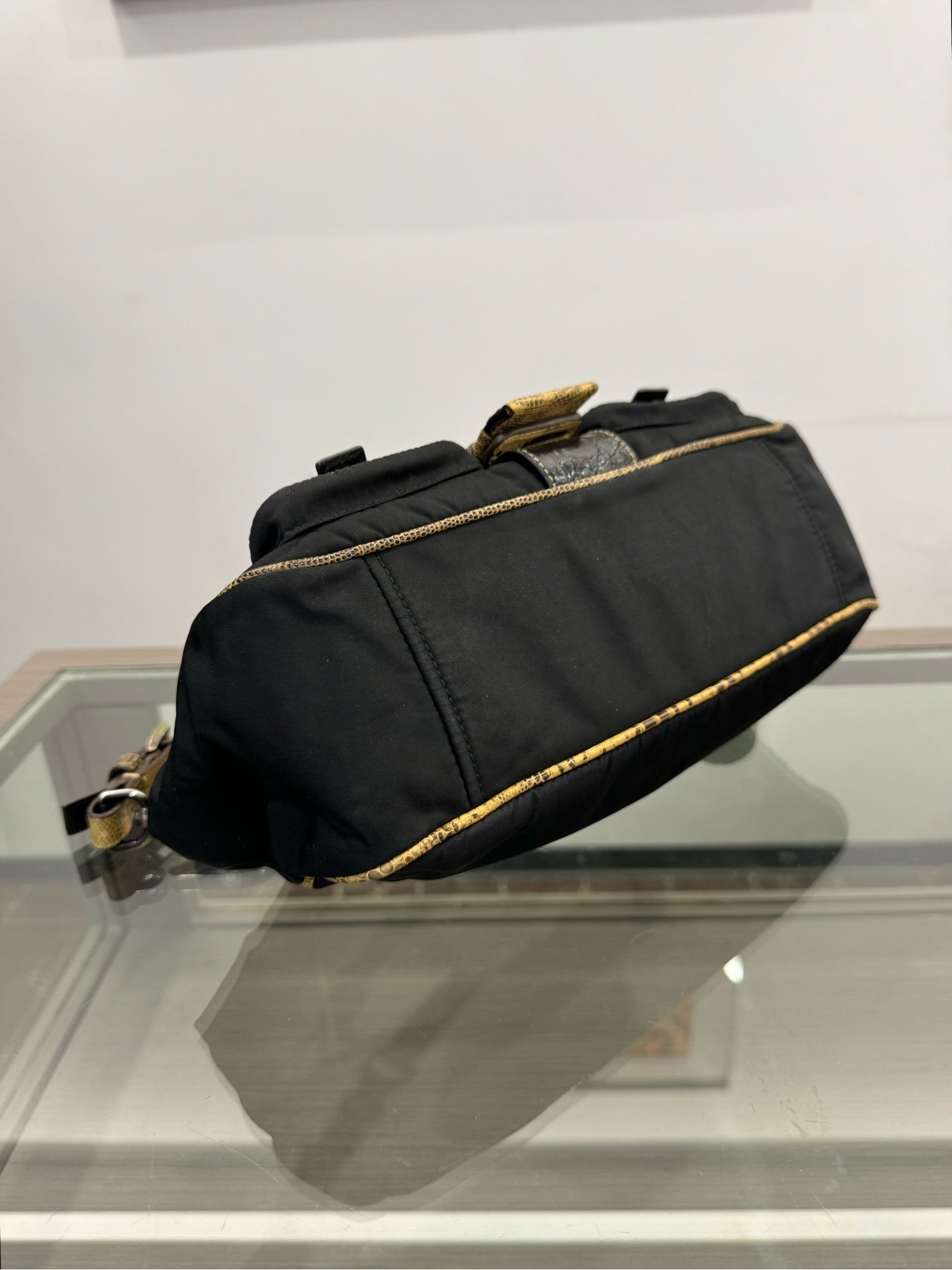 Prada - Lizard Trim Parachute Shoulder Bag - Polyamide nylon with exotic lizard leather patchwork - Black and Multicolour - (medium)