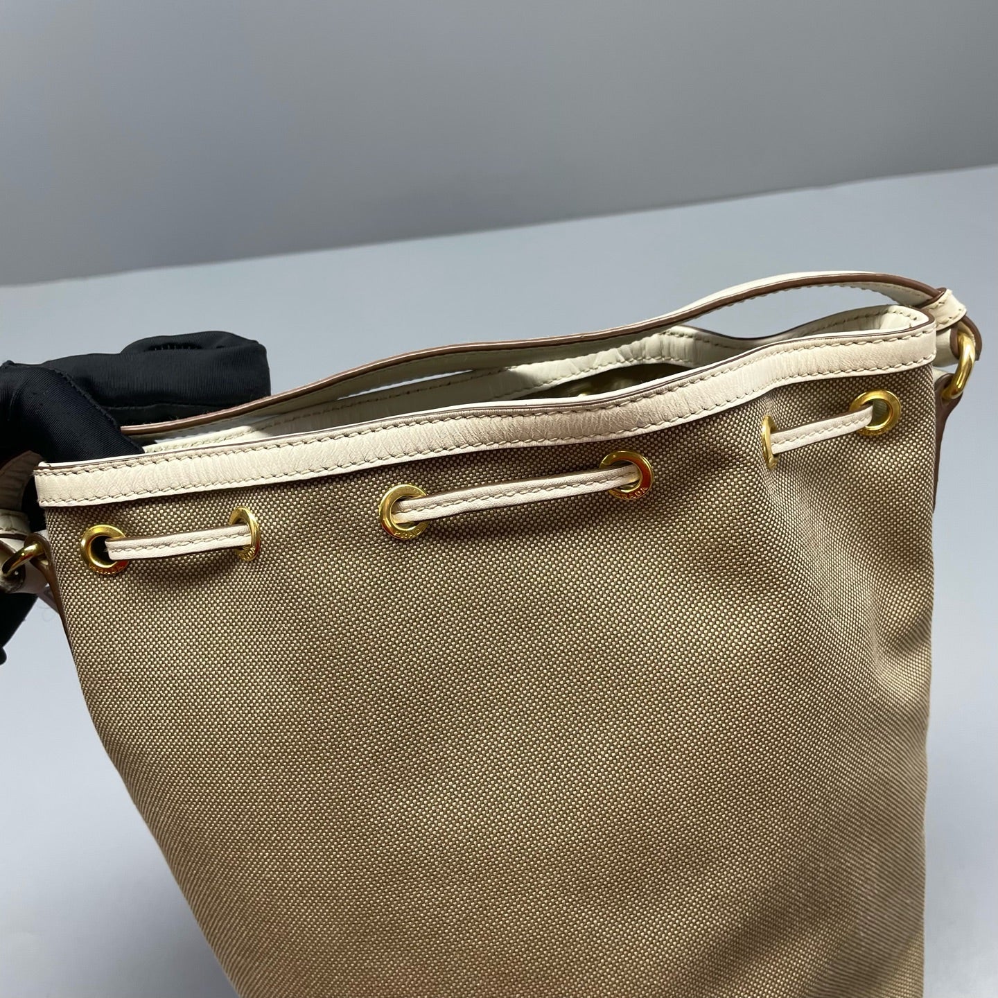 Prada - Drawstring Bucket Bag - Canvas with leather trim - Beige - (Small)