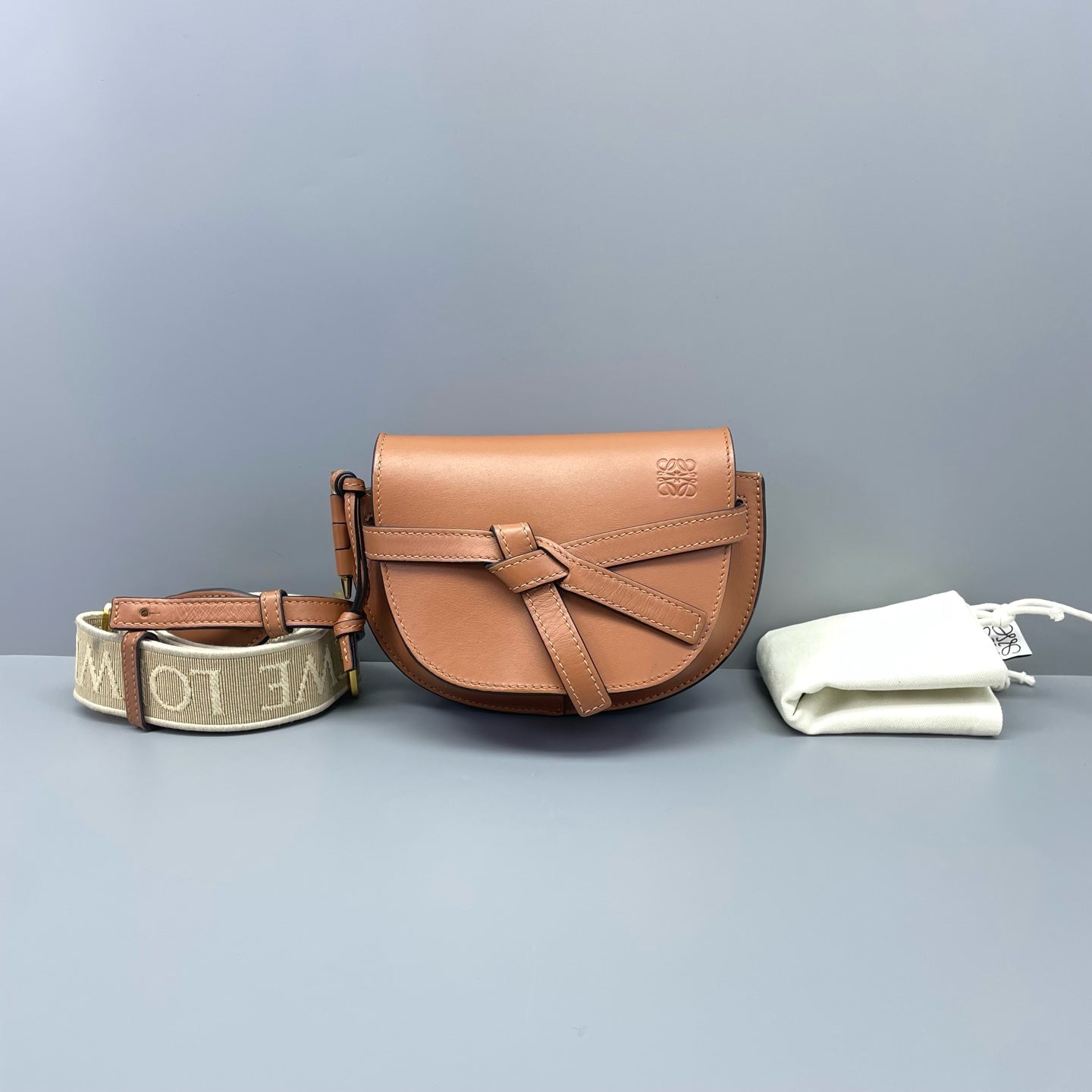 Loewe - Gate Mini - Calfskin leather with suede lining, fabric strap - Caramel with beige/brown strap - (mini)