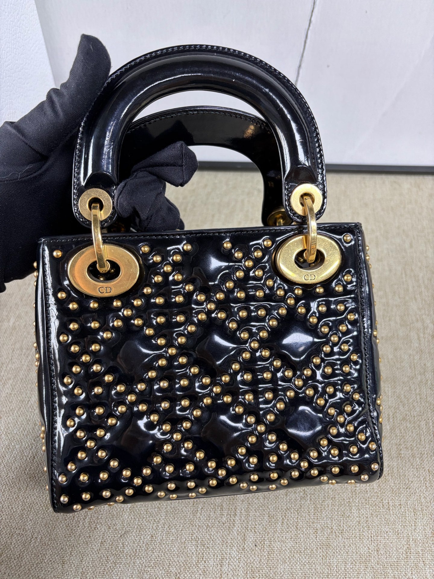 Dior - Lady Dior Mini Studded Bag - Patent leather - Black - (mini)