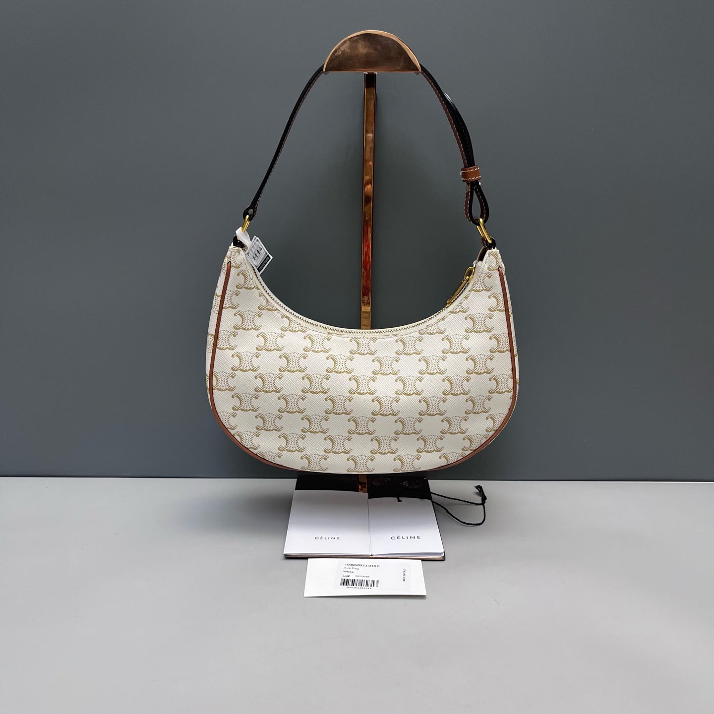 Celine - Ava Triomphe Canvas Shoulder Bag - Coated canvas with leather trim - White with Brown trim - (mini)