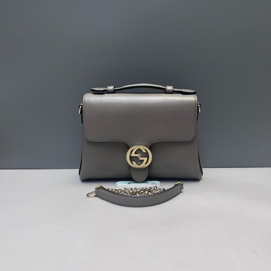 Gucci - Accordion Flap Shoulder Bag with Interlocking G - Grained leather - Grey - (Medium)