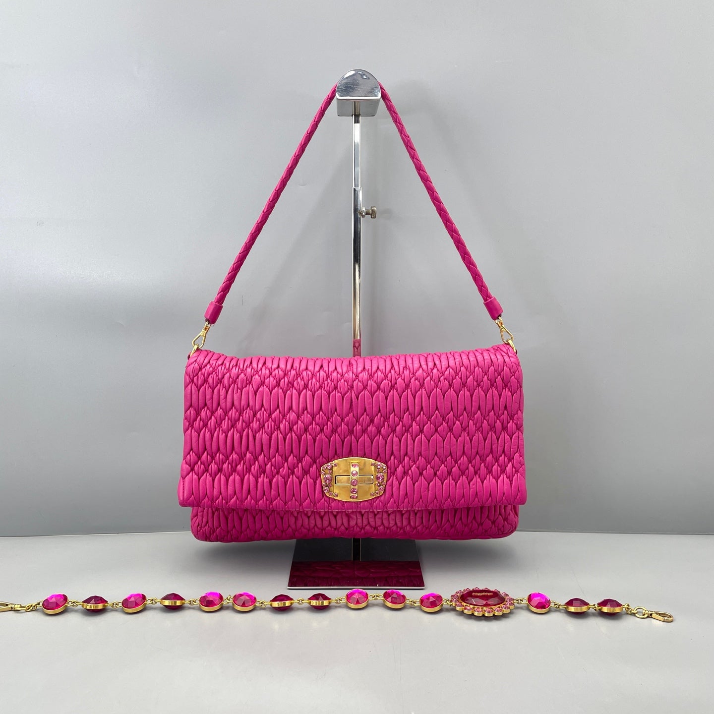 Miu Miu - Matelassé Jeweled Chain Flap Bag - Leather - Pink - (Medium)