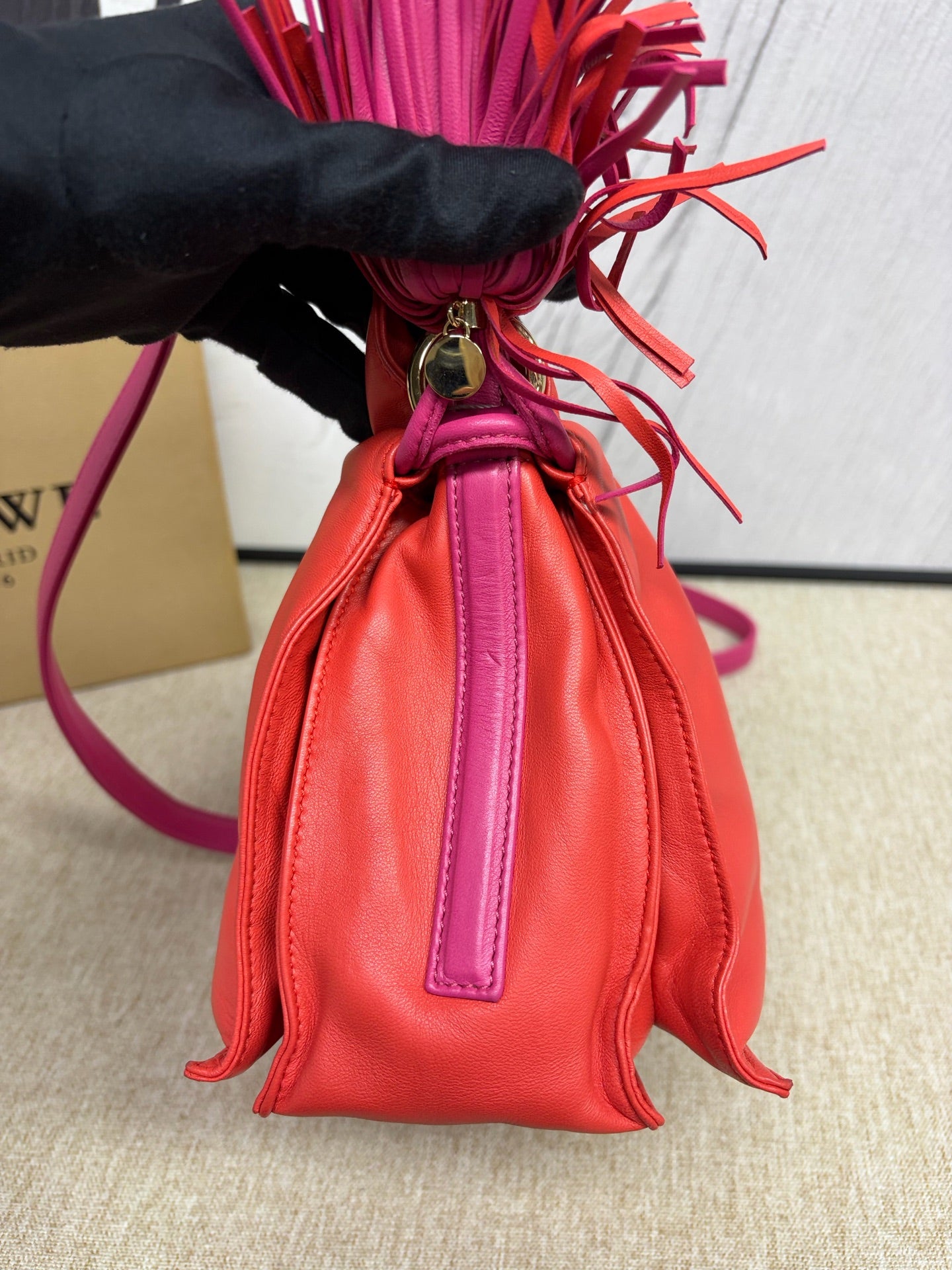 Loewe - Flamenco Tassel Drawstring Bag - Lambskin leather - Orange-Red and Rose Red - (Medium)