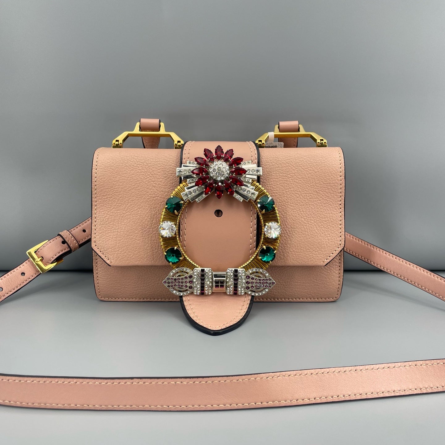 Miu Miu - Jewel Embellished Flap Shoulder Bag - Grained leather - Pink - (small)