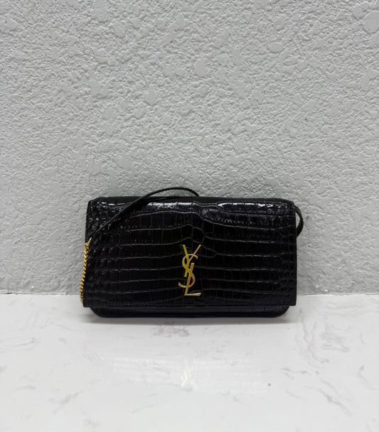 Saint Laurent - Monogram Envelope Chain Wallet - Croc-embossed cowhide leather - Black - (mini)