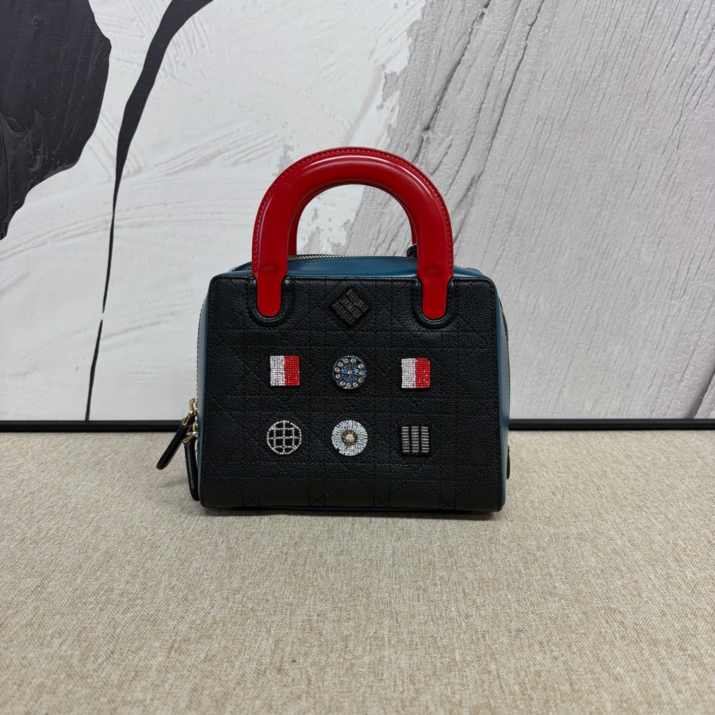 Dior - Lady Dior Mini Christmas Limited Edition Beaded Embroidered - Cowhide leather - Black with Blue side panels and Red handles - (Mini)