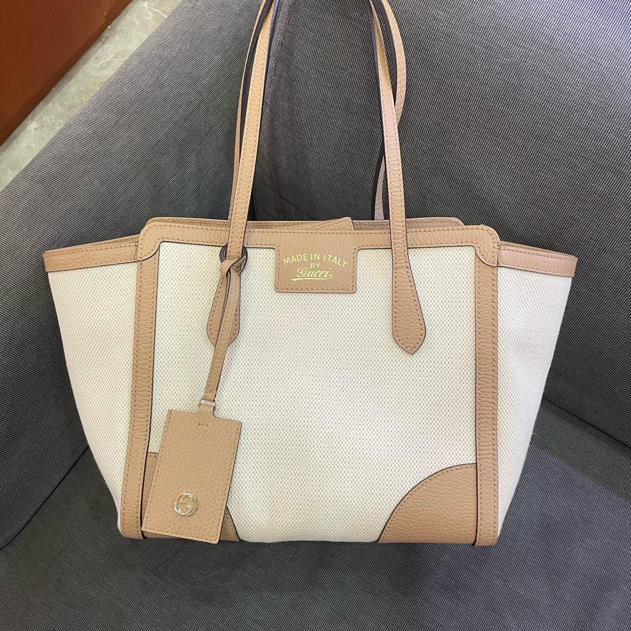 Gucci - Canvas and Leather Tote Bag - Canvas with pebbled leather trim - Beige and Cream - (Medium)