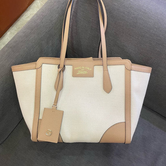 Gucci - Canvas and Leather Tote Bag - Canvas with pebbled leather trim - Beige and Cream - (Medium)
