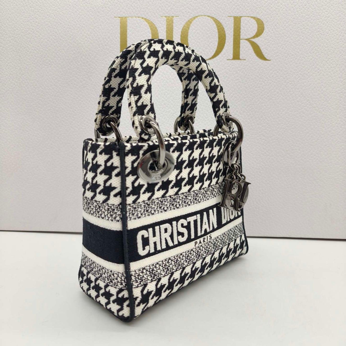 Dior - Lady Dior Mini - Textile fabric with houndstooth pattern - Black and White - (mini)