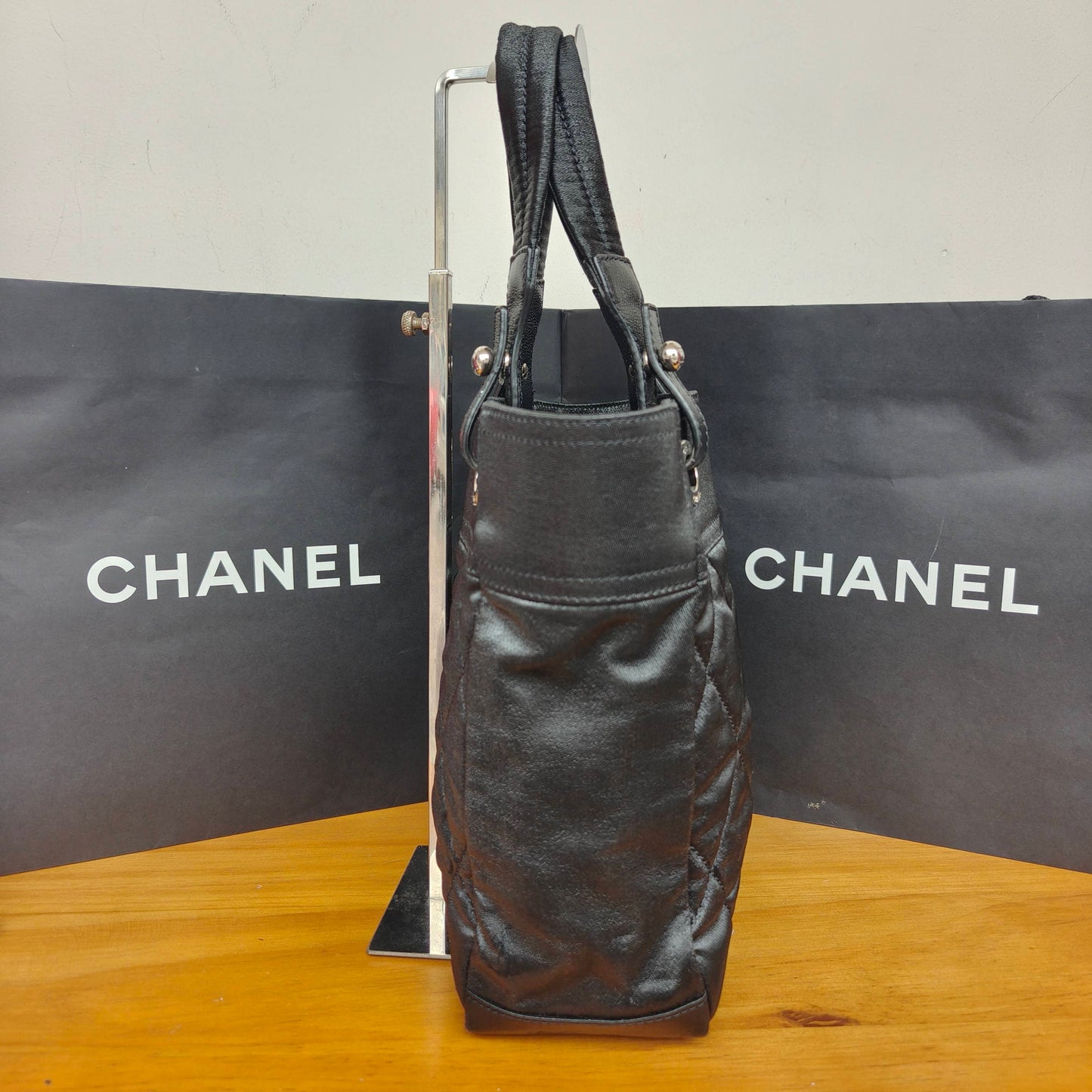 Chanel - Quilted Goatskin and Coated Canvas Tote Bag - Goatskin leather and coated canvas - Black with Silver-Tone Hardware - (Medium)