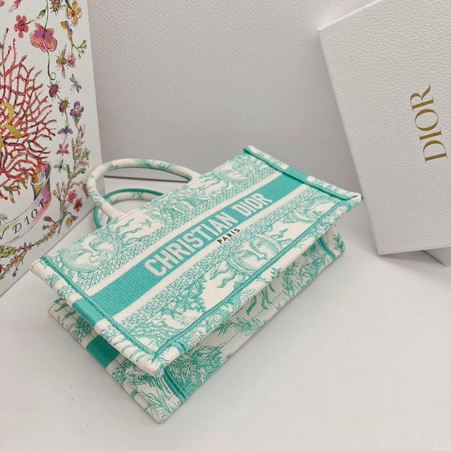 Dior - Dioriviera East West Book Tote - Embroidered canvas - Mint Green and Ecru - (Mini)