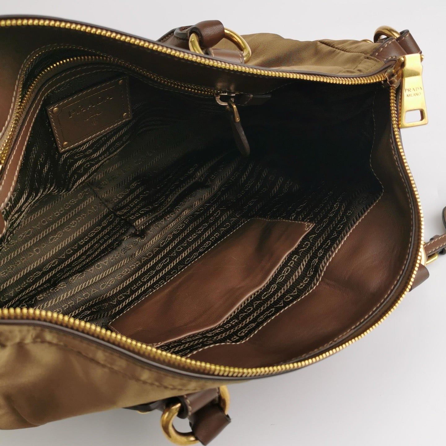 Prada - Nylon Top Handle Bag - Nylon and Leather - Olive Green with Brown Accents - (Medium)