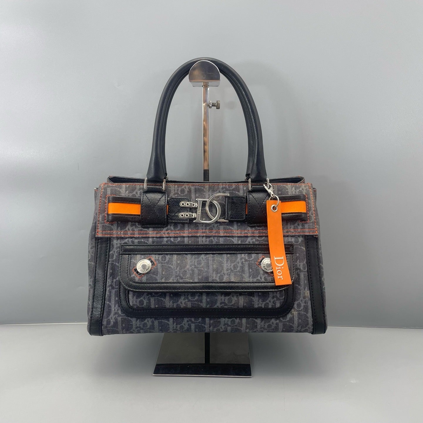 Dior - Vintage D-Ring Tote Bag - Denim and Leather - Washed Blue-Grey Denim with Black Leather and Orange Accents - (medium)