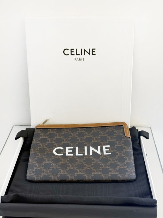 Celine - Triomphe Canvas Clutch - Triomphe coated canvas with leather trim - Brown - (medium)