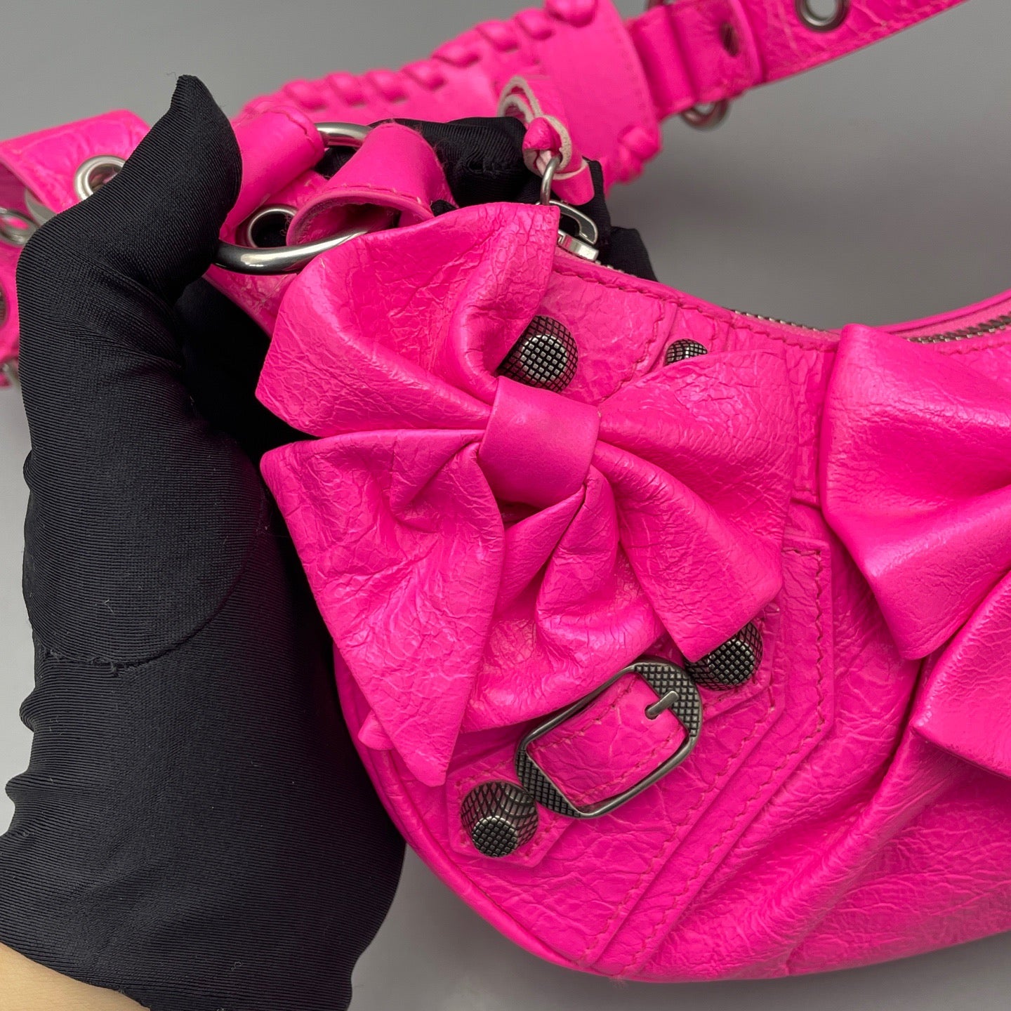 Balenciaga - Bow Detail Crescent Shoulder Bag - Distressed lambskin leather - Fuchsia - (Mini)