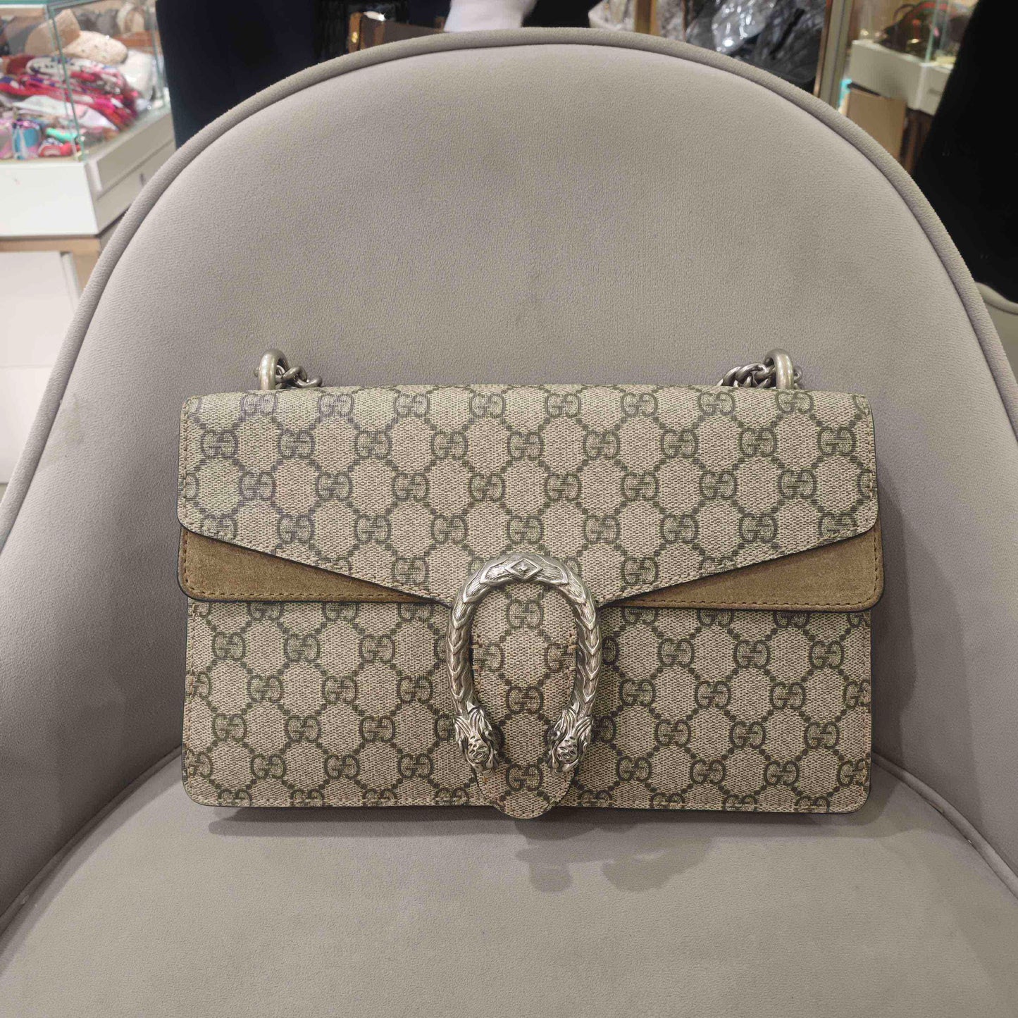 Gucci - Dionysus Medium Shoulder Bag - GG Supreme coated canvas with suede and leather trim - Beige GG Supreme canvas with camel suede and brown leather trim - (medium)