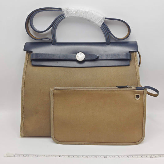 Hermès - Herbag 31 - Blue leather and brown canvas - Blue - (medium)