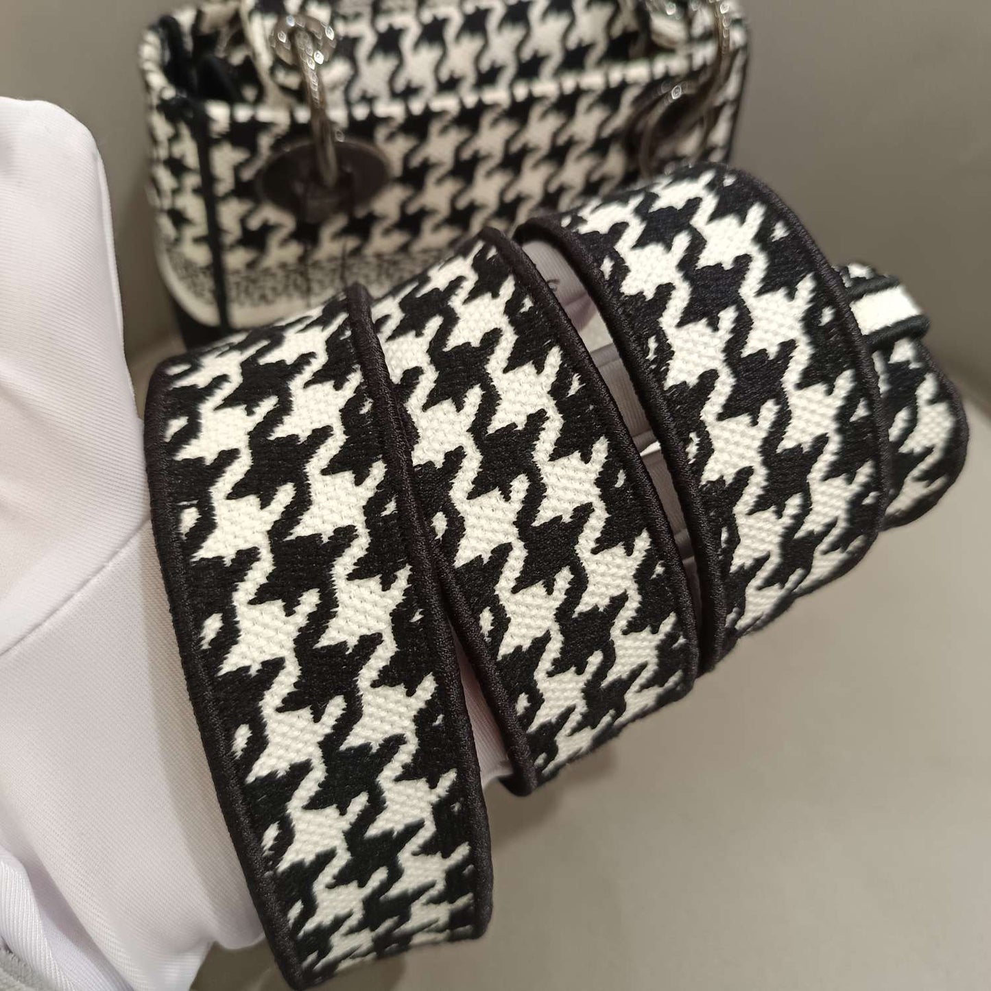 Dior - Lady Dior Mini - Textile fabric with houndstooth pattern - Black and White - (mini)