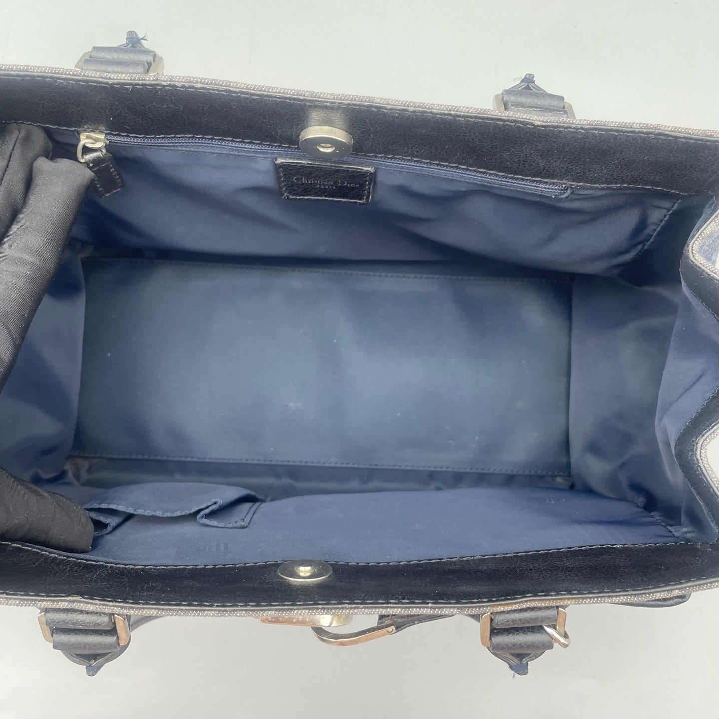 Dior - Vintage D-Ring Tote Bag - Denim and Leather - Washed Blue-Grey Denim with Black Leather and Orange Accents - (medium)