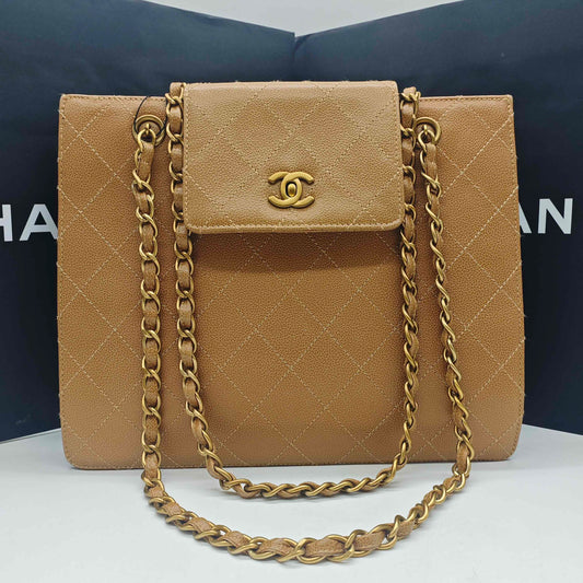 Chanel - Outseam Quilted Flap Shoulder Bag - Grained calfskin leather - Caramel - (Medium)