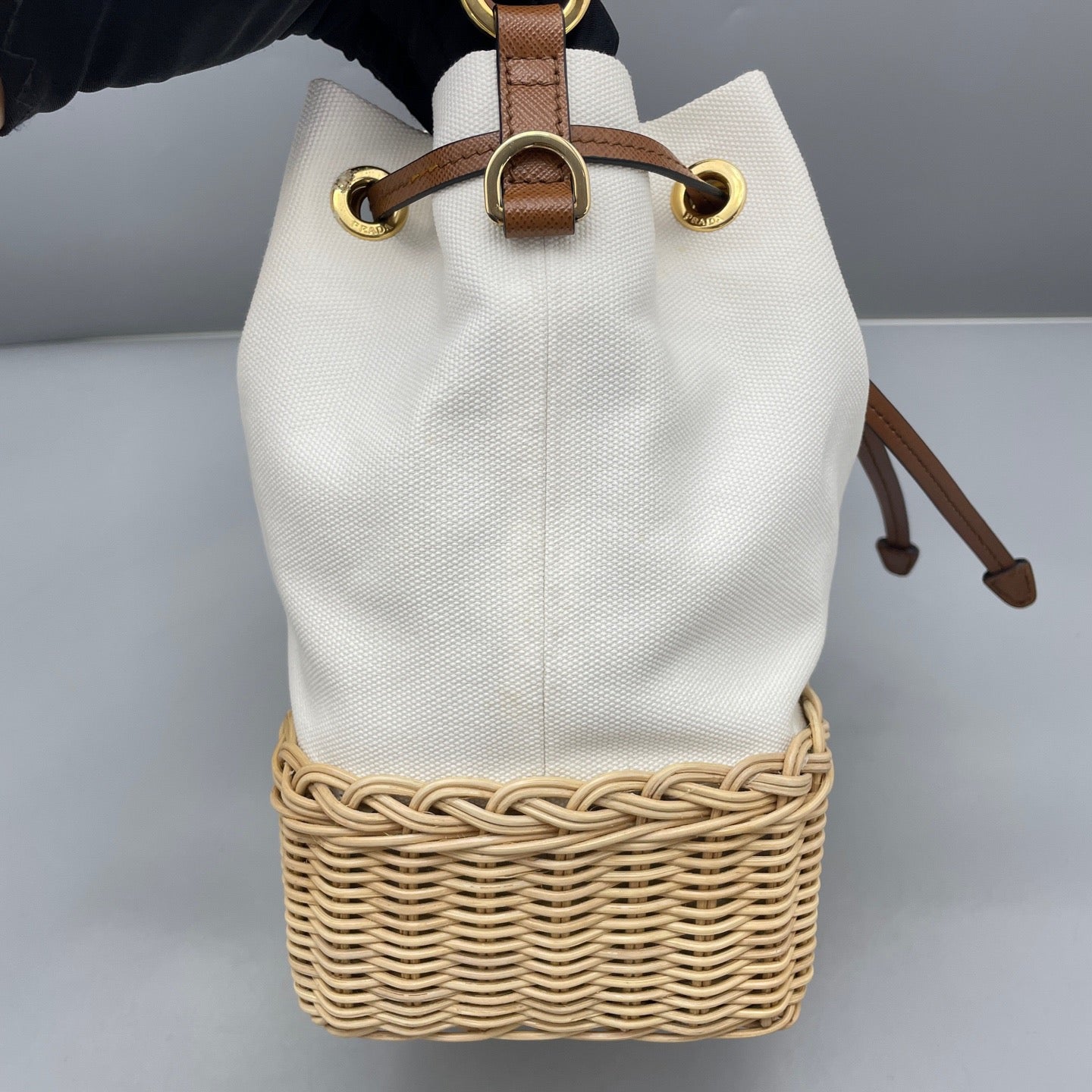 Prada - Rattan Canvas Bucket Bag - Canvas, Wicker, Saffiano Leather - White - (Medium)