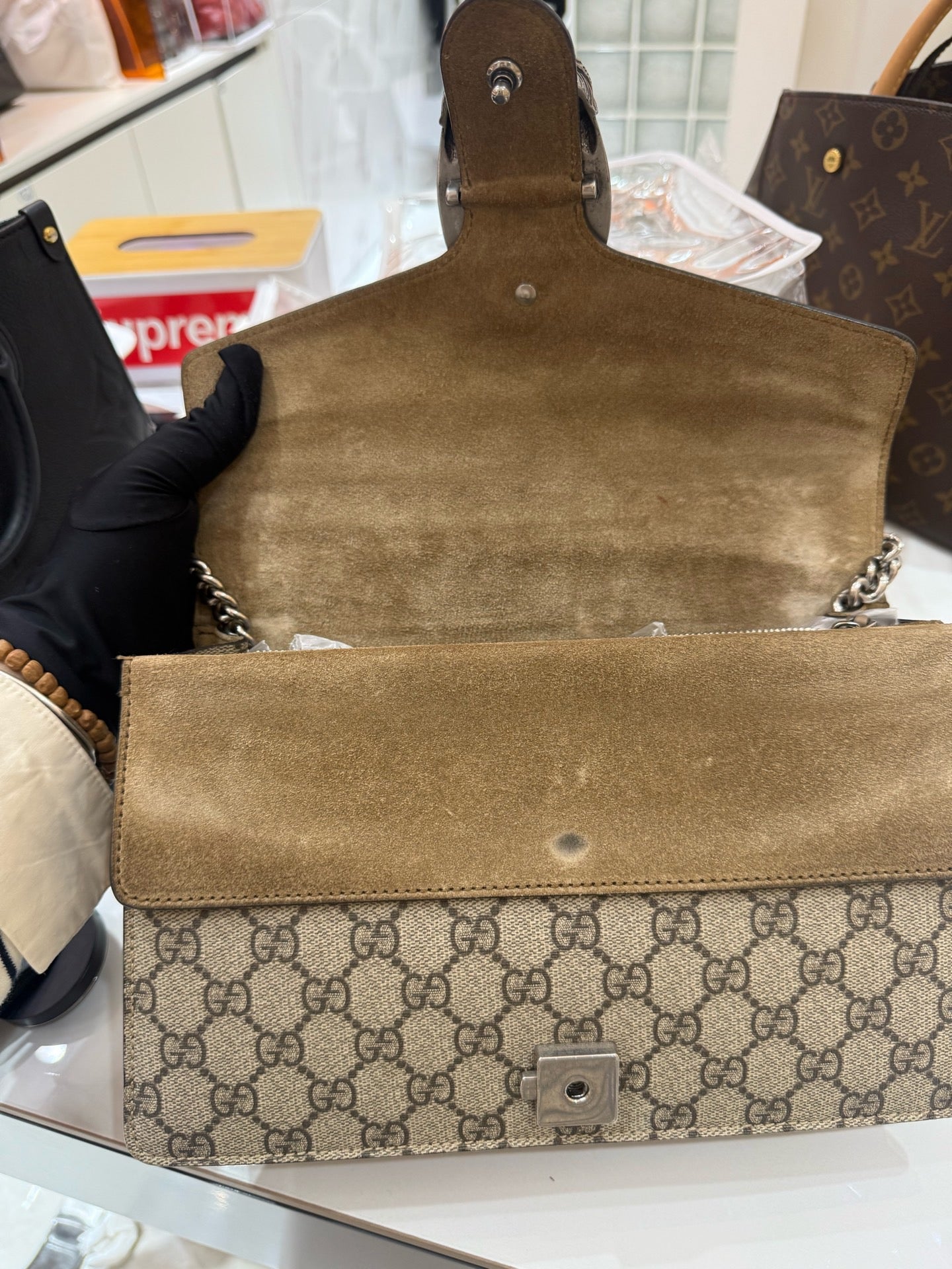 Gucci - Dionysus Shoulder Bag - GG Supreme canvas with suede trim - Camel - (medium)