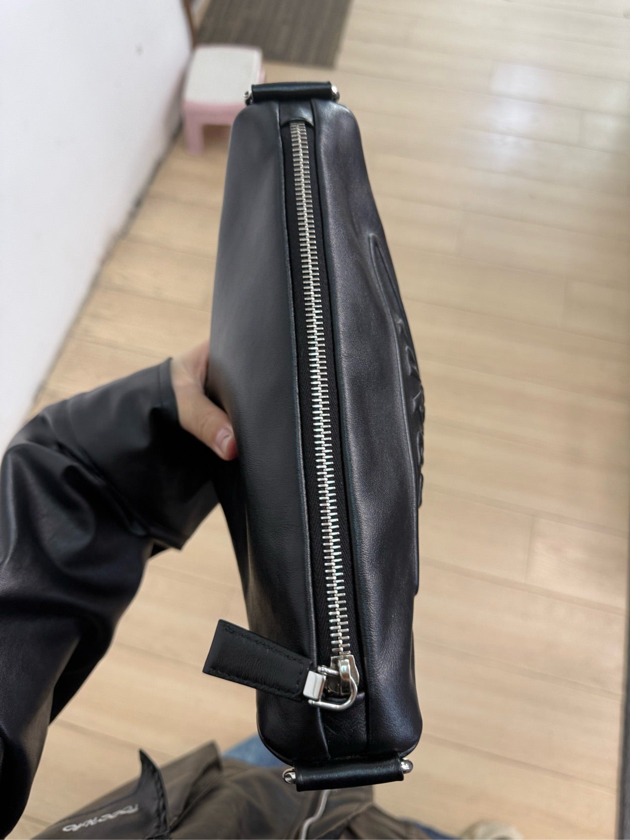 Prada - Embossed Logo Triangle Crossbody Bag - Smooth leather with fabric strap - Black - (medium)