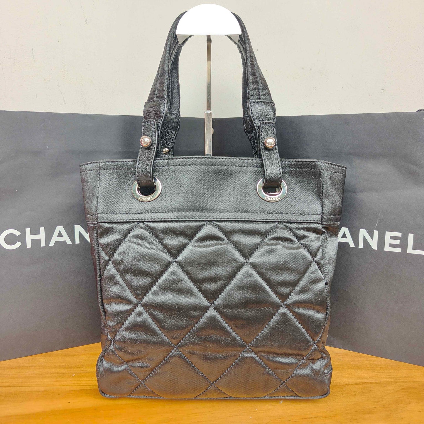 Chanel - Quilted Goatskin and Coated Canvas Tote Bag - Goatskin leather and coated canvas - Black with Silver-Tone Hardware - (Medium)