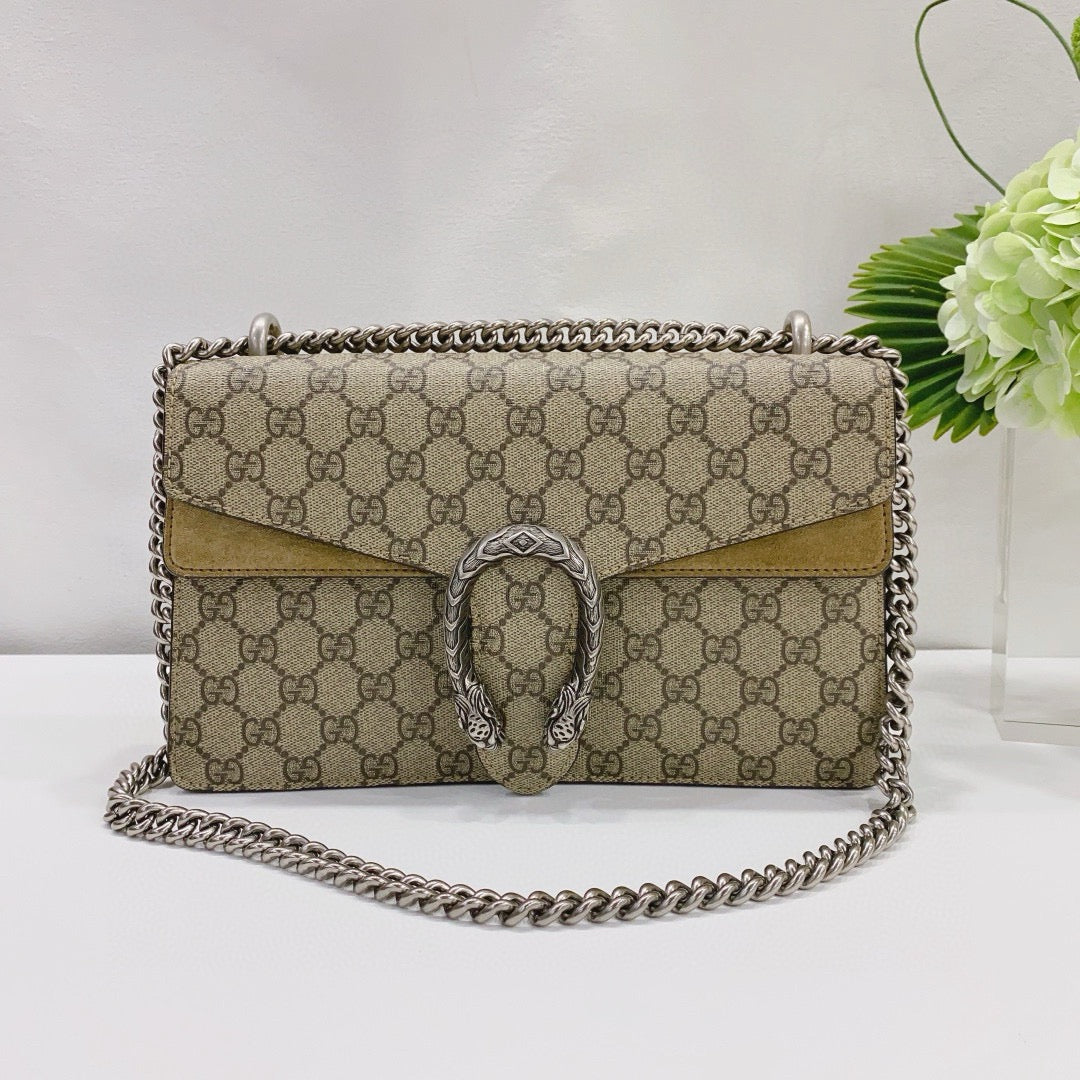Gucci - Dionysus (Medium) - GG Supreme canvas with brown leather trim and suede accents - Beige and Brown - (Medium)