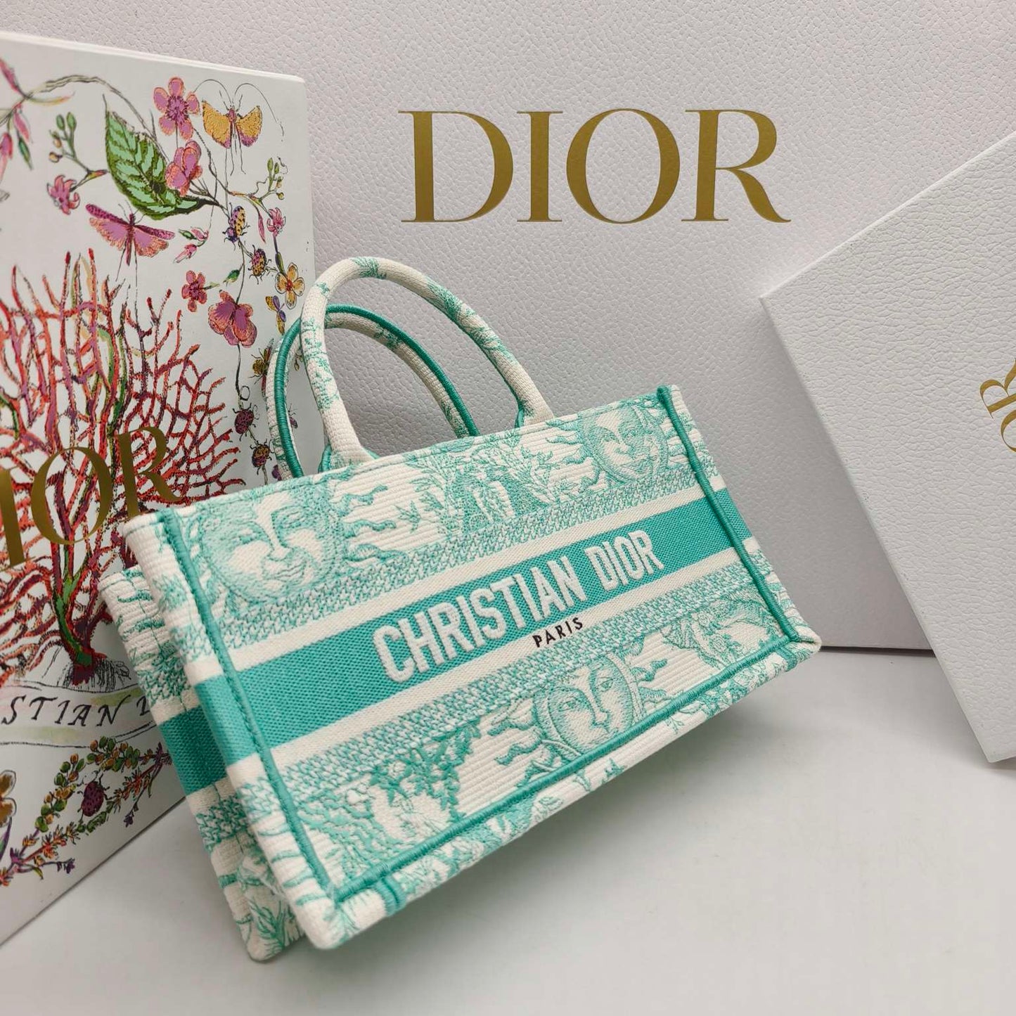 Dior - Dioriviera East West Book Tote - Embroidered canvas - Mint Green and Ecru - (Mini)
