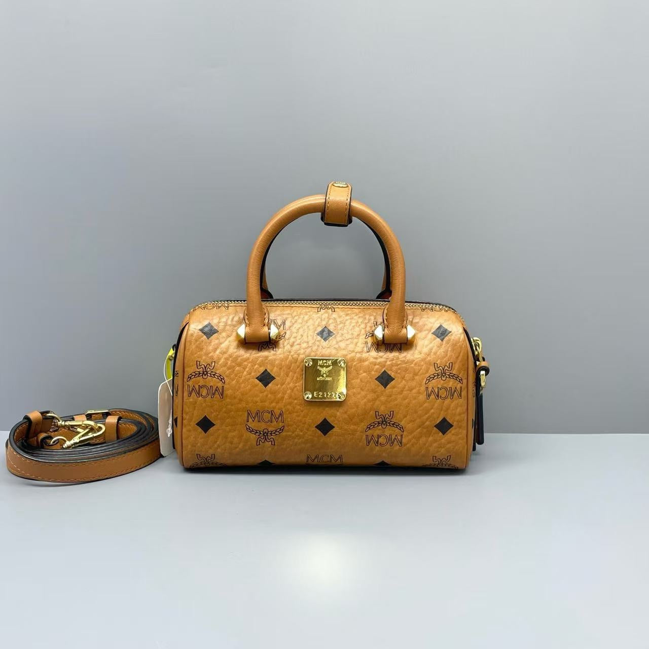MCM - Visetos Mini Boston Bag - Visetos coated canvas and leather trim - Cognac - (mini)