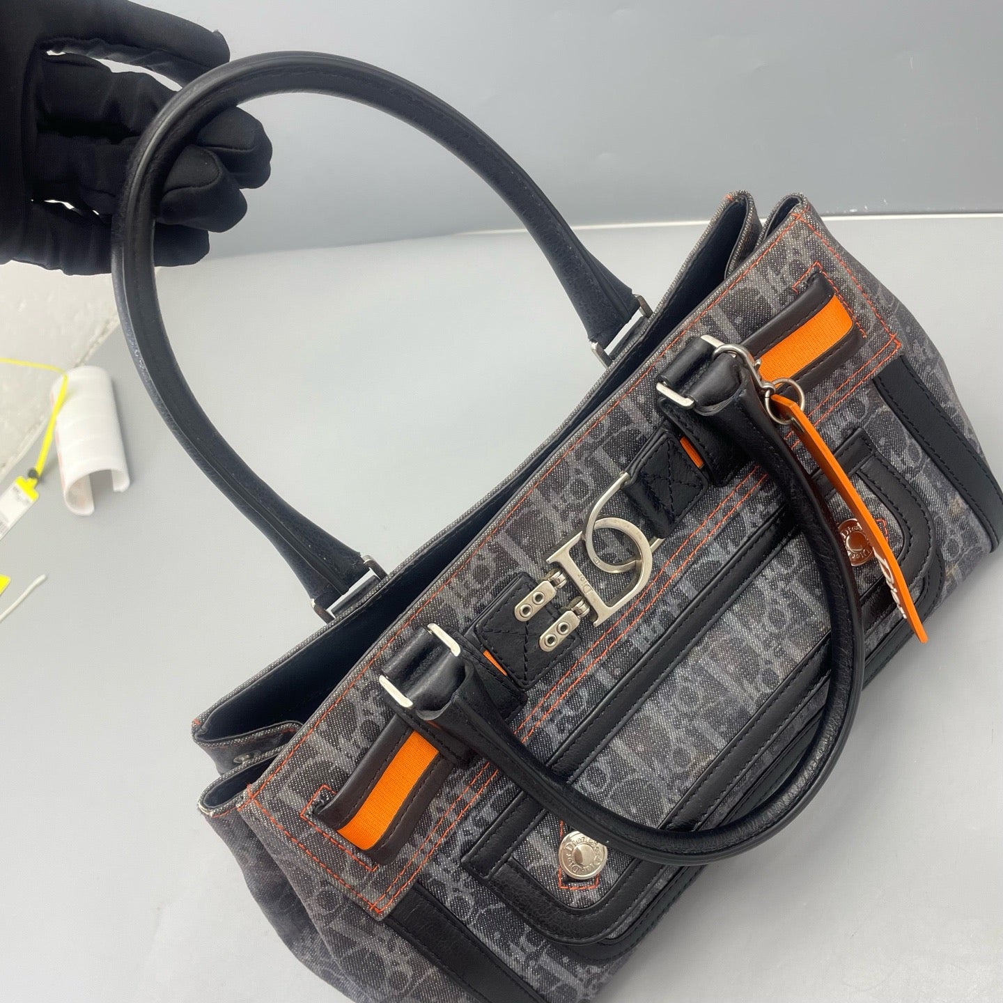 Dior - Vintage D-Ring Tote Bag - Denim and Leather - Washed Blue-Grey Denim with Black Leather and Orange Accents - (medium)