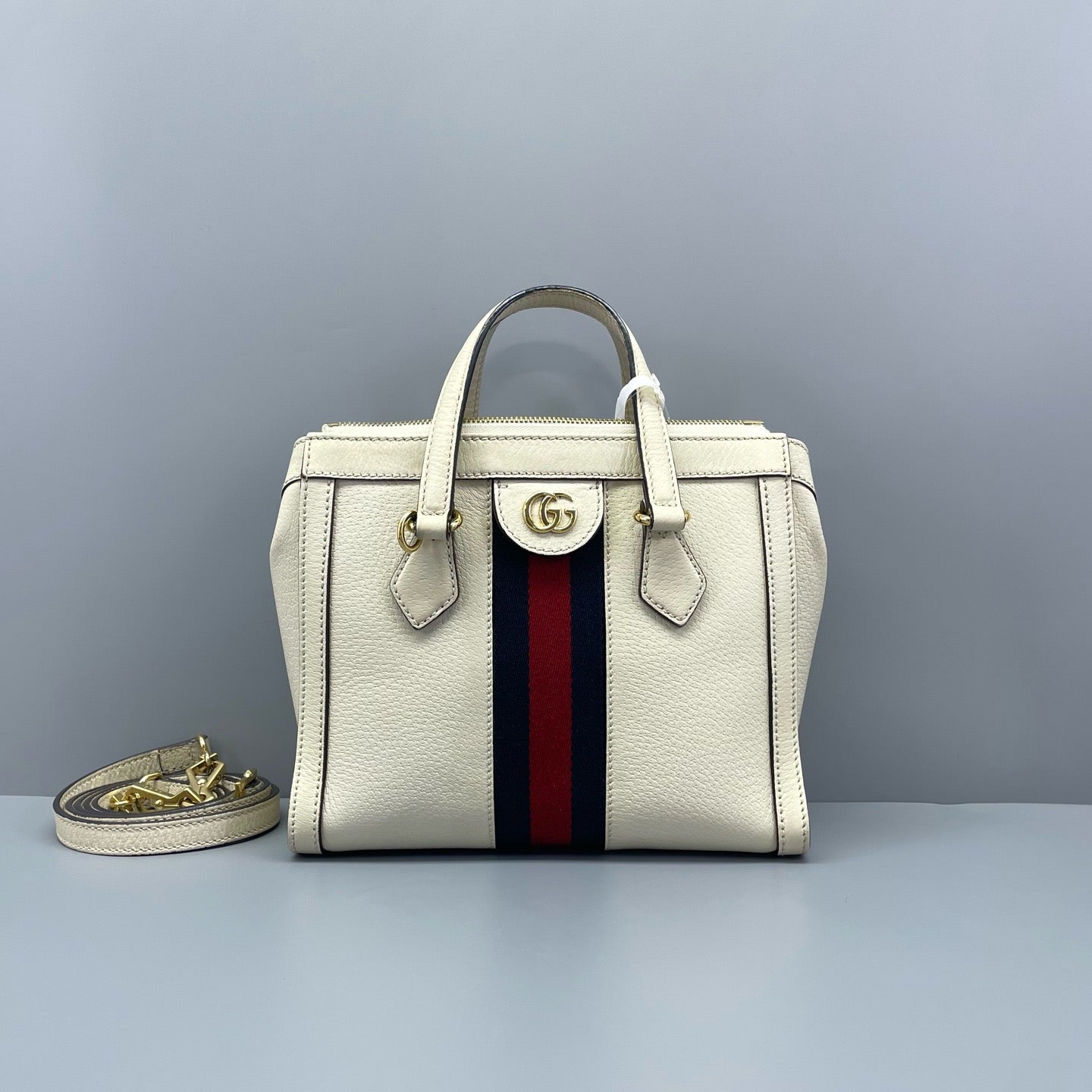 Gucci - Ophidia Small Tote Bag - Grained leather - White with Red and Blue Web stripe - (Small)