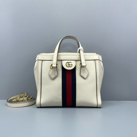Gucci - Ophidia Small Tote Bag - Grained leather - White with Red and Blue Web stripe - (Small)