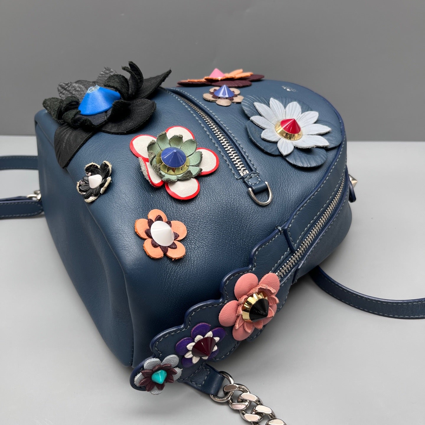 Fendi - Floral Studded Backpack (Model: 8BZ039-84T) - Leather - Navy - (mini)