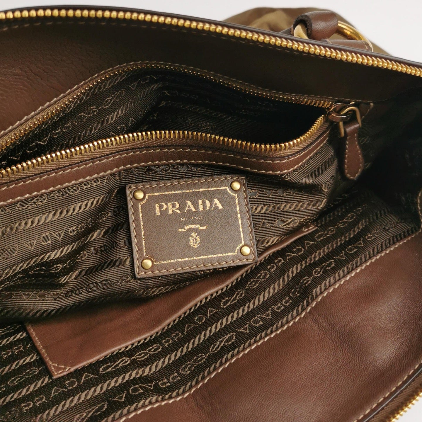 Prada - Nylon Top Handle Bag - Nylon and Leather - Olive Green with Brown Accents - (Medium)
