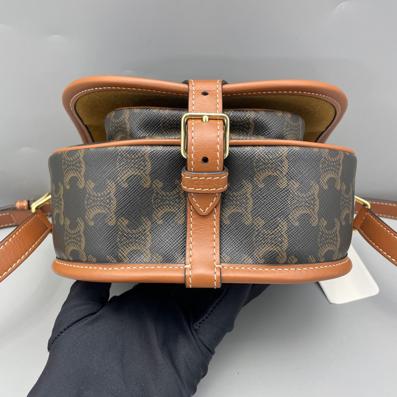 Celine - Triomphe Canvas Saddle Bag - Triomphe coated canvas with tan leather trim - Brown - (mini)
